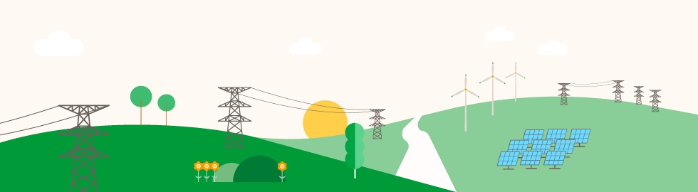 Ilustración de unas líneas eléctricas, un parque eólico terrestre y una planta fotovoltaica.