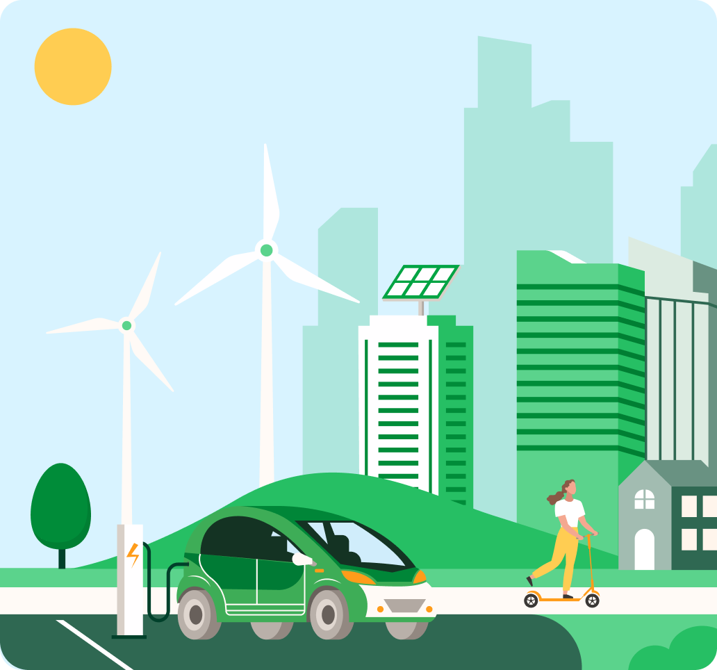 Ilustración de una ciudad verde y sostenible con gente paseando en sus calles