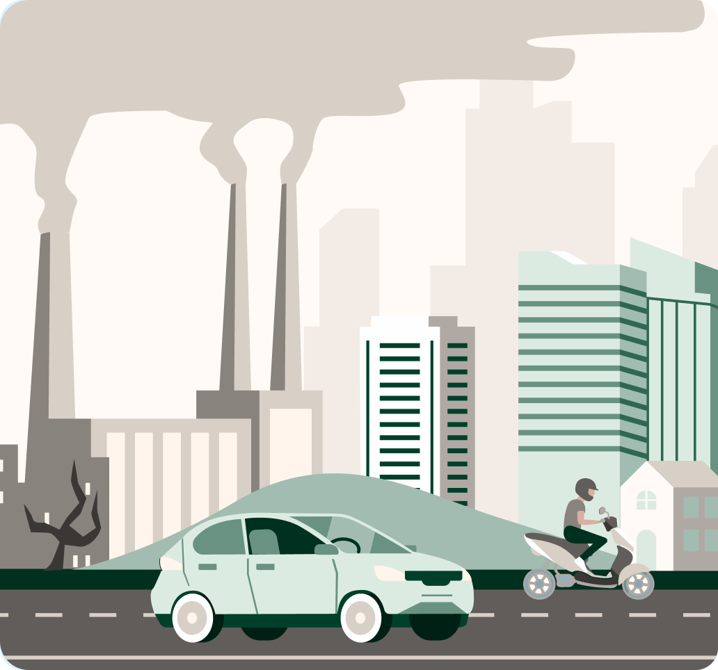 Ilustración de una ciudad llena de contaminación sin gente en las calles y con árboles secos